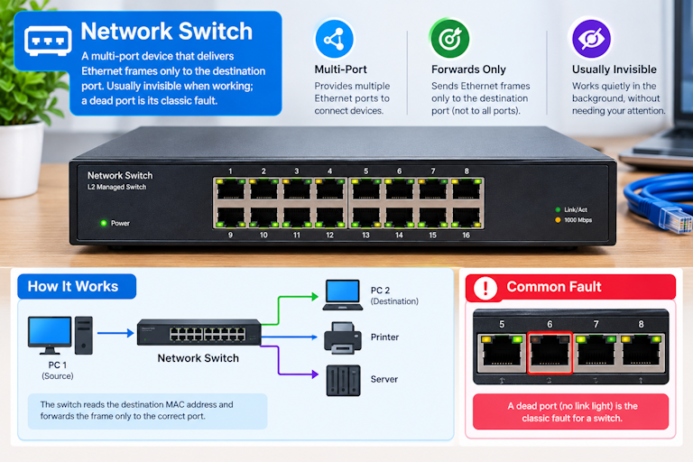 Network switch Network switch - A multi-port device that delivers Ethernet frames only to the destination port. Usually invisible when working; a dead port is its classic fault.