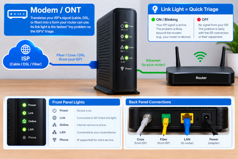 Modem / ONT Modem / ONT - Translates your ISP's signal (cable, DSL, or fiber) into a form your router can use. Its link light is the fastest my problem vs the ISP's triage.