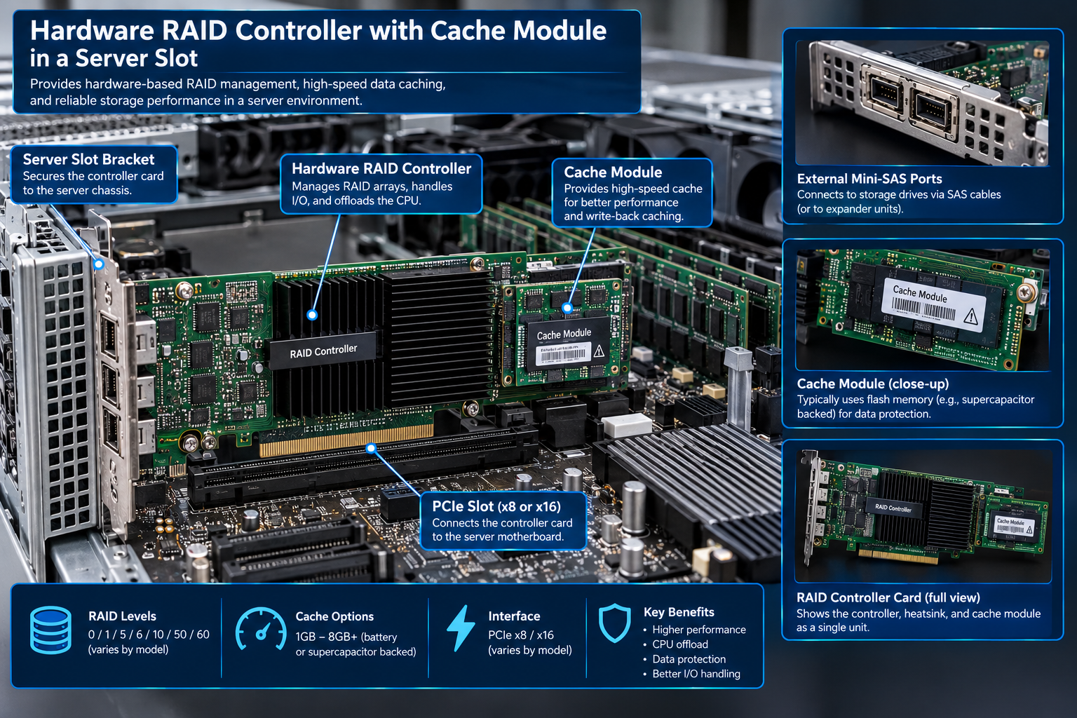 Labeled diagram of a PCIe x8 storage controller installed in a server slot, with annotations for generation, lane width, and the negotiated link