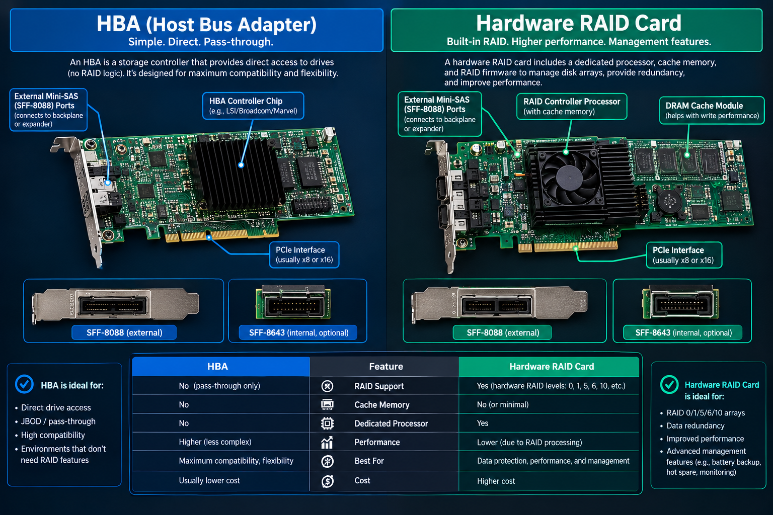 Side-by-side photo of an IT-mode HBA and a hardware RAID controller with a write-back cache module, with the physical differences circled