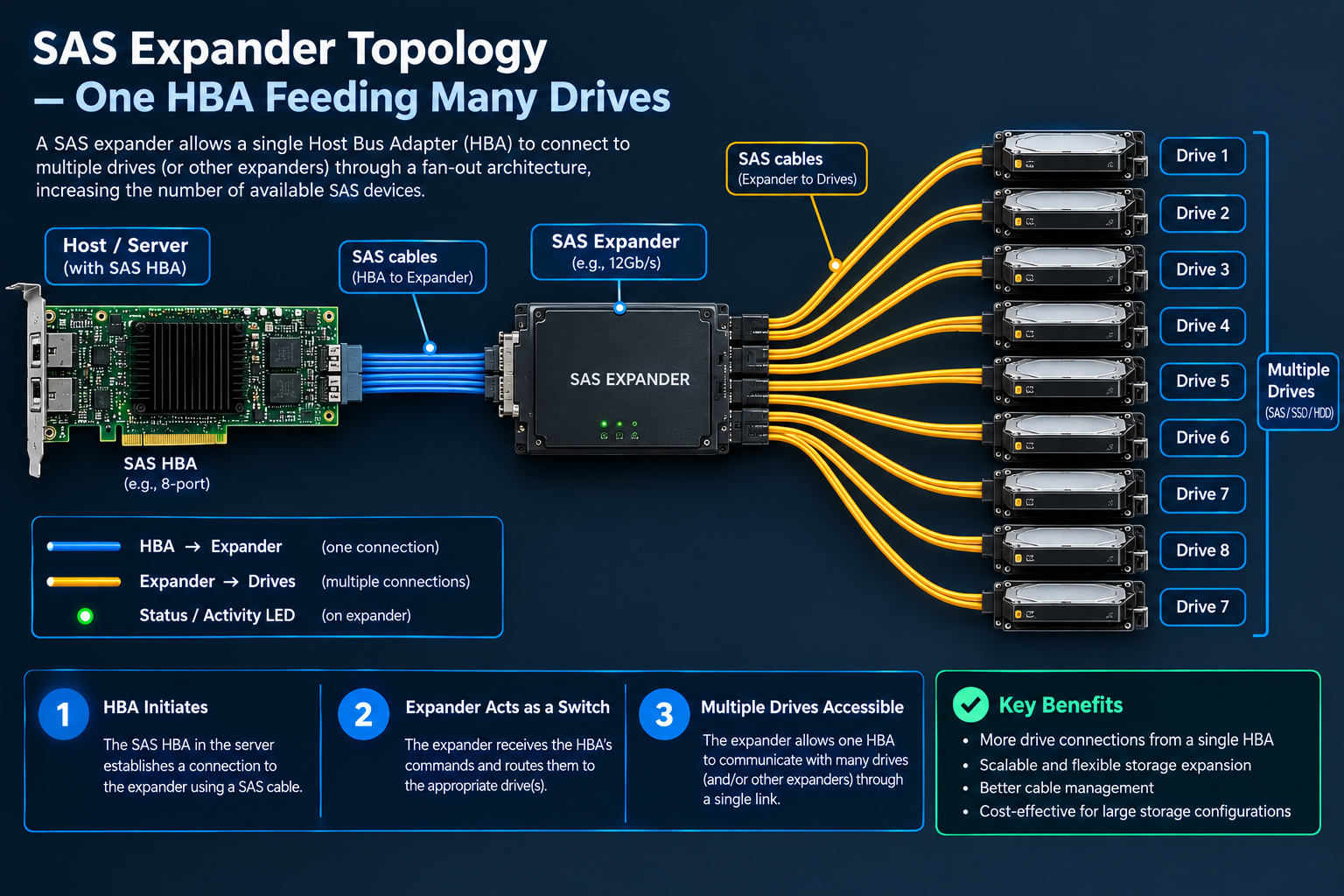 Diagram comparing a SAS topology — one HBA feeding a SAS expander which fans out to many drive ports — next to a simple direct SATA port connection