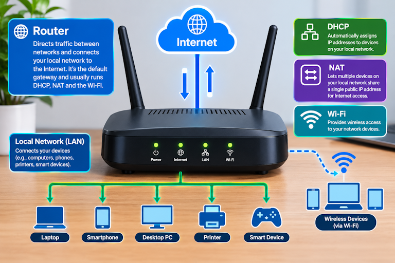 Router Router - Directs traffic between networks and connects your local network to the Internet. It's the default gateway and usually runs DHCP, NAT and the Wi-Fi.