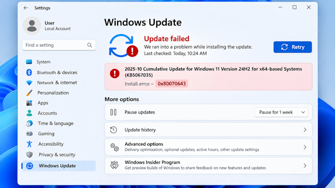 Windows Update settings page showing a failed update with its eight-digit error code and the Retry button